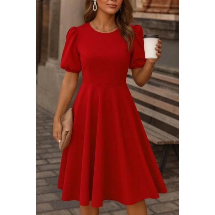 Kadın Kısa Balon Kollu Bisiklet Yaka Geniş Kesim Janjan Krep Elbise