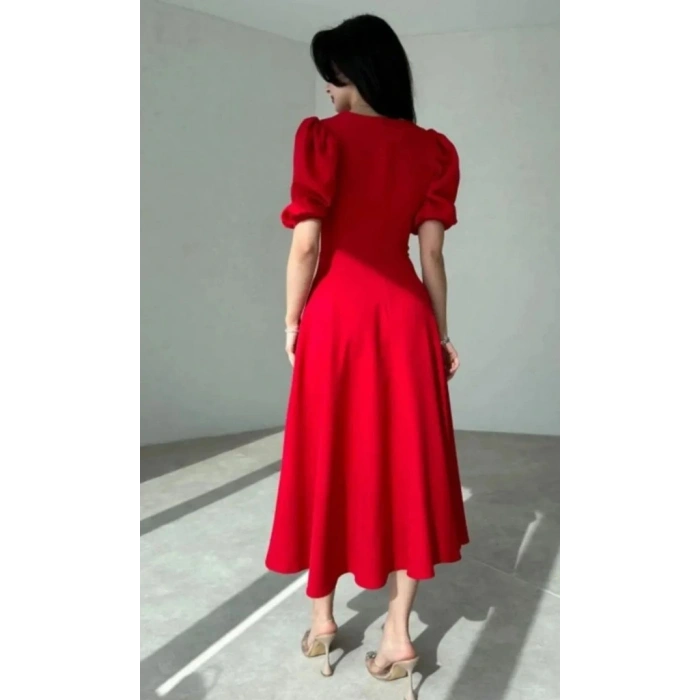 Kadın Kısa Balon Kollu Bisiklet Yaka Geniş Kesim Janjan Krep Elbise