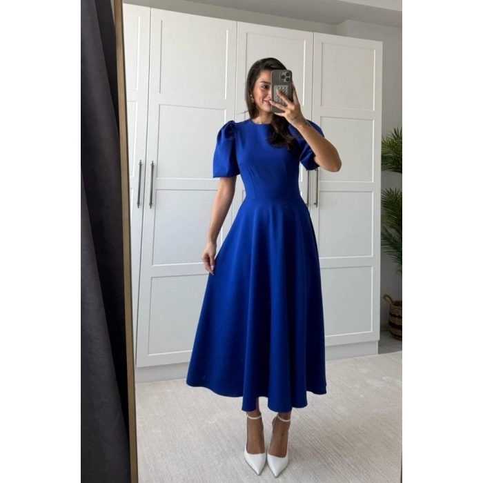 Kadın Kısa Balon Kollu Bisiklet Yaka Geniş Kesim Janjan Krep Elbise