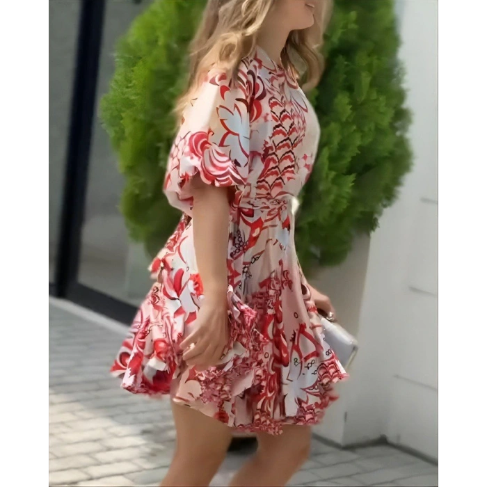 Kadın Kısa Balon Kollu Yuvarlak Yakalı Pileli Desenli Mini Elbise
