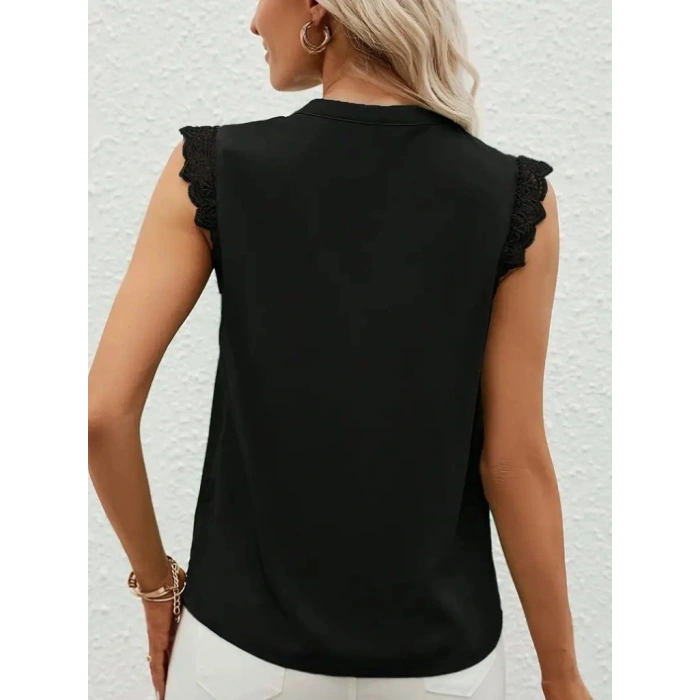 Kadın Kısa Dantel Kollu Hakim Yaka Ithal Krep Bluz