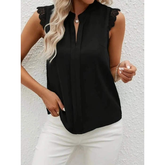 Kadın Kısa Dantel Kollu Hakim Yaka Ithal Krep Bluz