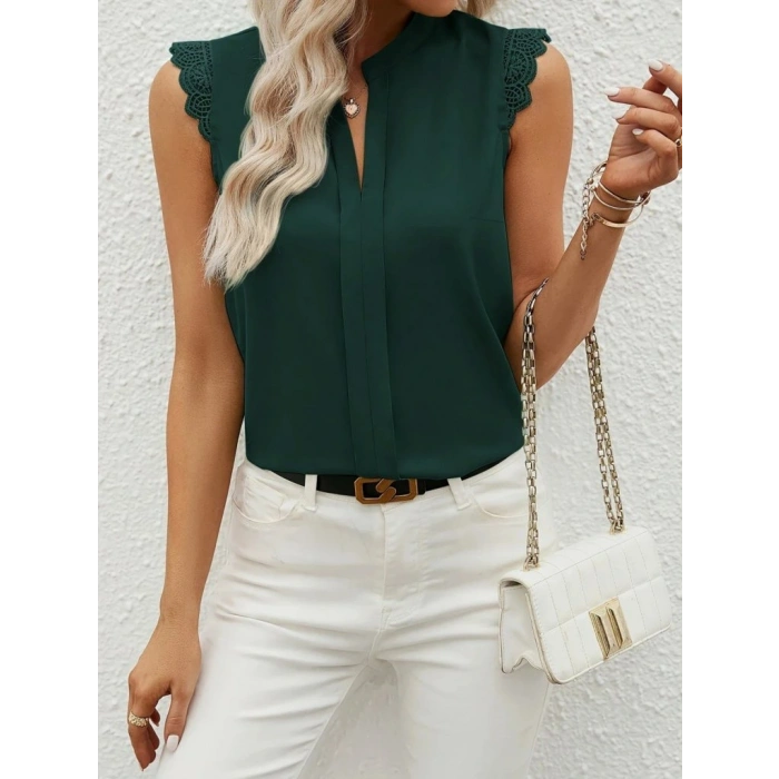 Kadın Kısa Dantel Kollu Hakim Yaka Ithal Krep Bluz