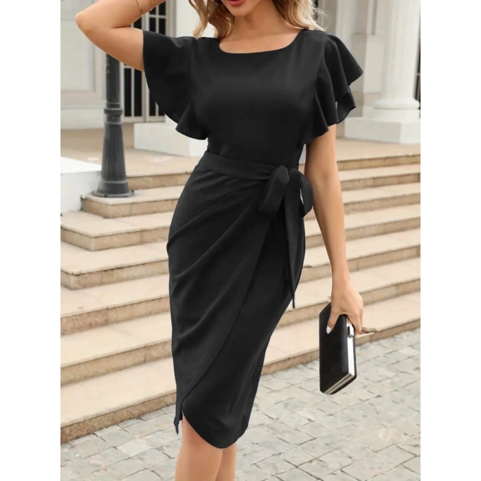 Kadın Kısa Fırfır Kollu Yakası Açık Belden Kuşaklı çapraz Kesim Detaylı Ithal Krep Elbise