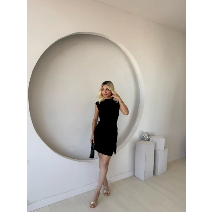 Kadın Kısa Kap Kollu Bisiklet Yaka Belden Bağlamalı odal ini Elbise