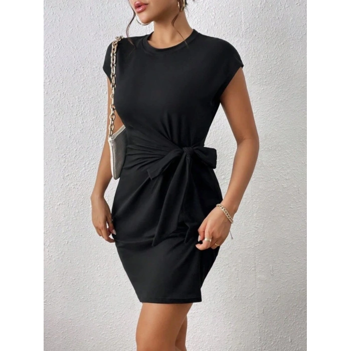 Kadın Kısa Kap Kollu Bisiklet Yaka Belden Bağlamalı odal ini Elbise