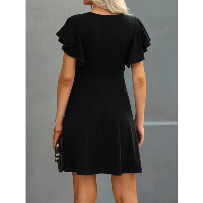 Kadın Kısa Kelebek Kollu Bisiklet Yaka Janjan Krep Elbise