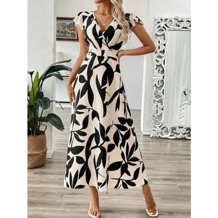 Kadın Kısa Kelebek Kollu Kruvaze Yaka Desenli Süprem Elbise