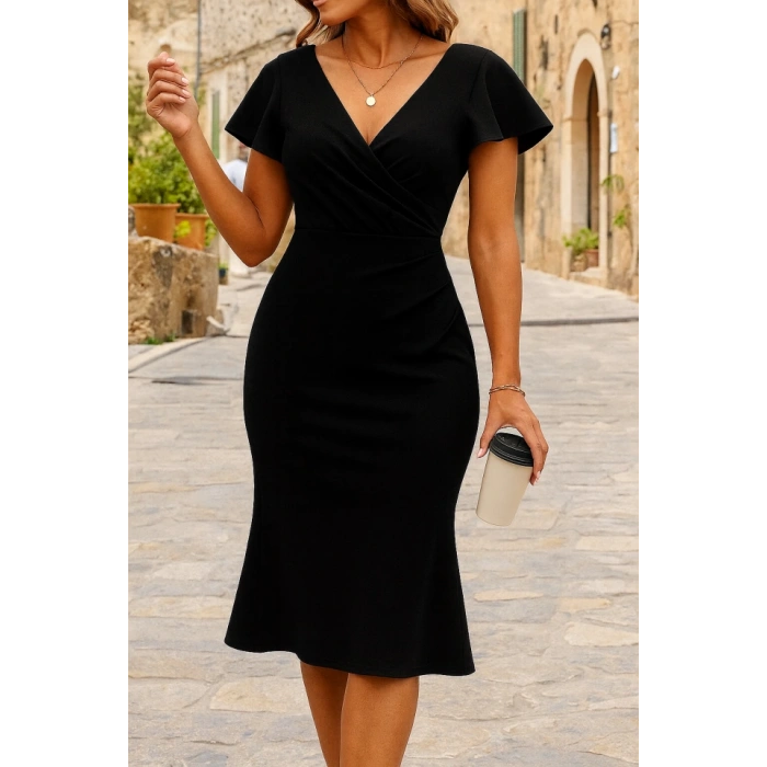 Kadın Kısa Kelebek Kollu Kruvaze Yaka Ithal Krep Midi Elbise