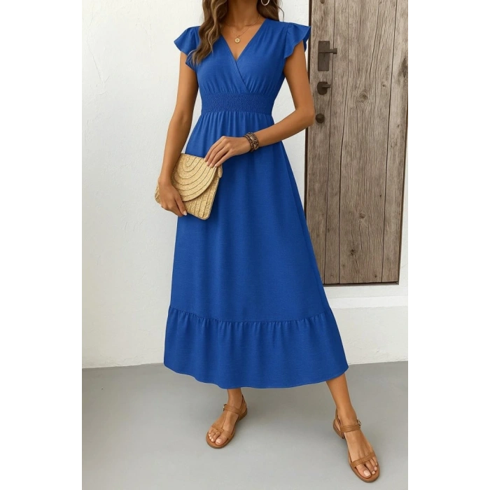 Kadın Kısa Kelebek Kollu Kruvaze Yakalı Beli Lastikli Aerobin Elbise