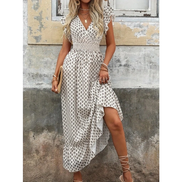 Kadın Kısa Kelebek Kollu Kruvaze Yakalı Desenli Süprem Elbise