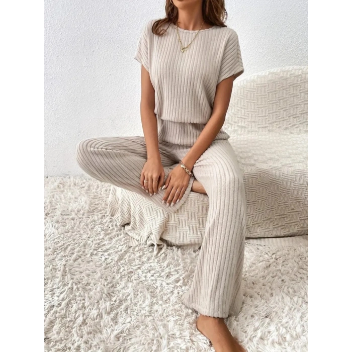 Kadın Kısa Kollu Beli Lastikli Kalın Fitilli Kaşkorse Salaş Tulum