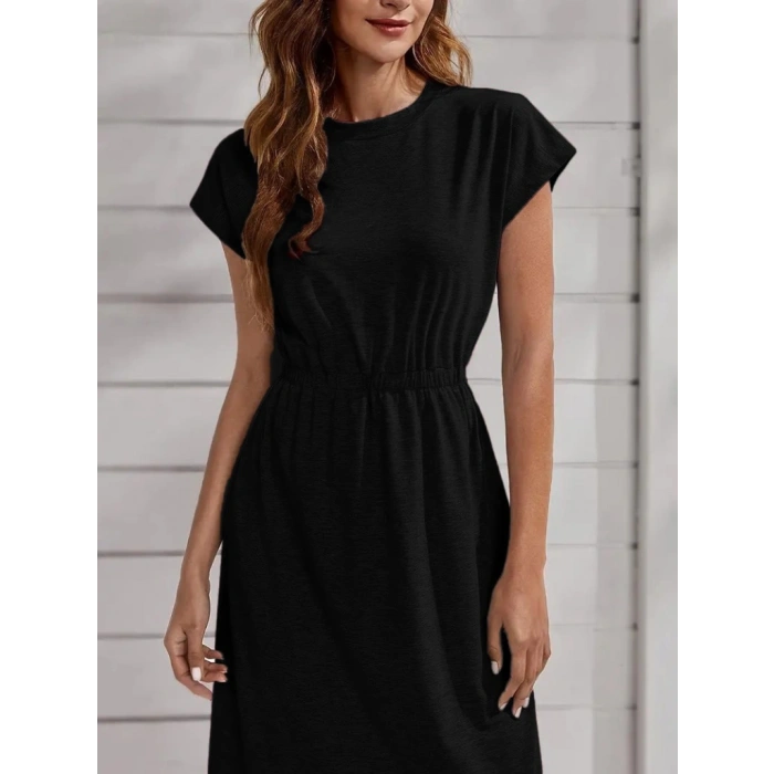 Kadın Kısa Kollu Bisiklet Yaka Belden Lastikli Midi Viskon Elbise