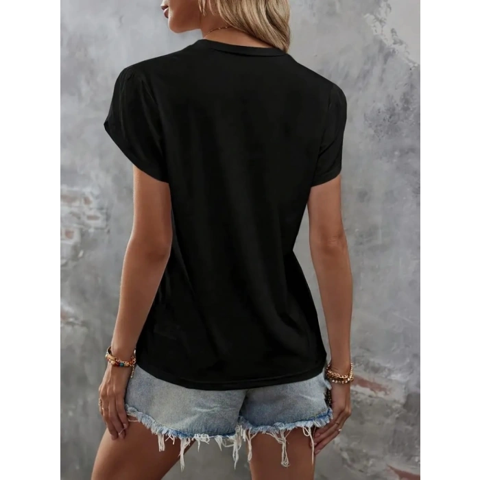 Kadın Kısa Kollu Bisiklet Yaka Cep Pul Payet Detay Viskon Bluz