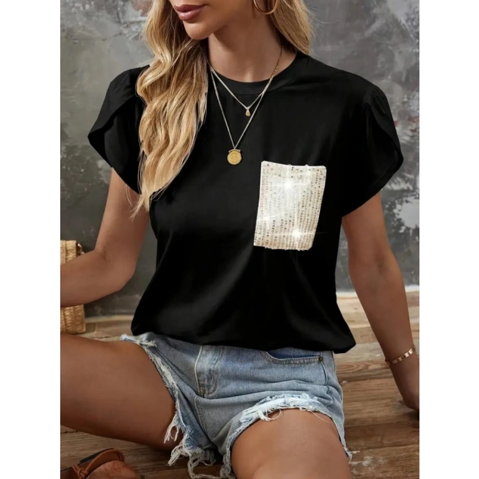 Kadın Kısa Kollu Bisiklet Yaka Cep Pul Payet Detay Viskon Bluz