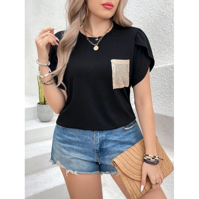 Kadın Kısa Kollu Bisiklet Yaka Cep Pul Payet Detay Viskon Bluz