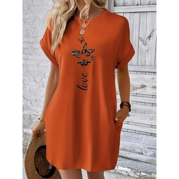 Kadın Kısa Kollu Bisiklet Yaka Cepli Kelebek Baskılı Viskon Elbise