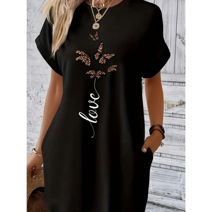 Kadın Kısa Kollu Bisiklet Yaka Cepli Kelebek Baskılı Viskon Elbise