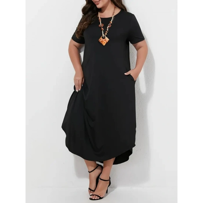 Kadın Kısa Kollu Bisiklet Yaka Cepli Salaş Viskon Elbise