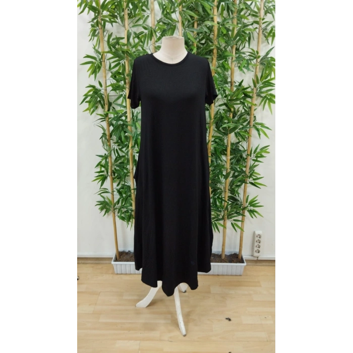 Kadın Kısa Kollu Bisiklet Yaka Cepli Salaş Viskon Elbise