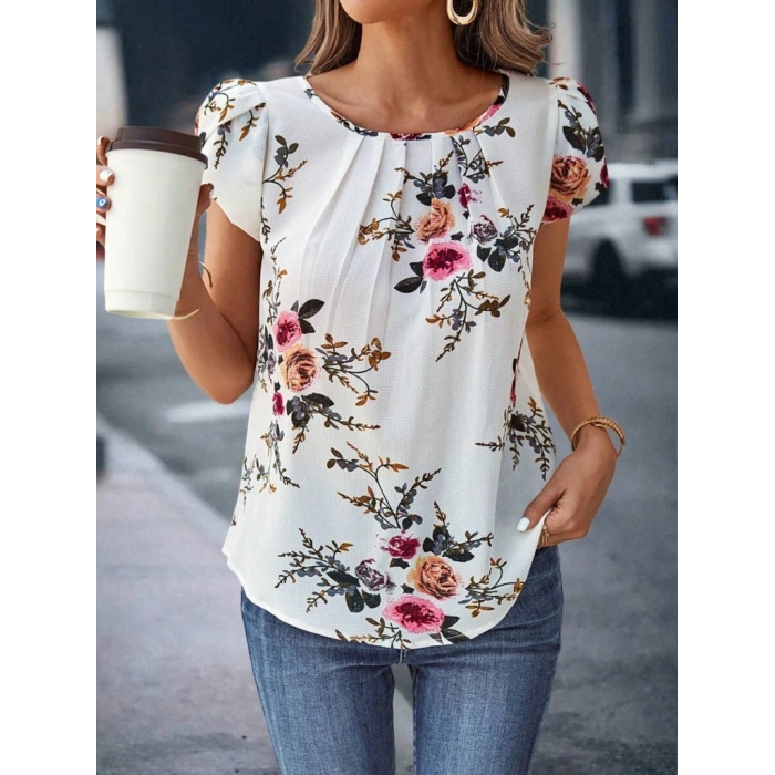 Kadın Kısa Kollu Bisiklet Yaka çiçek Baskılı Süprem Bluz