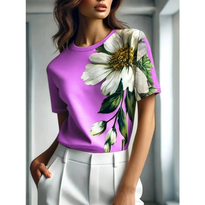 Kadın Kısa Kollu Bisiklet Yaka çiçek Baskılı Süprem Bluz