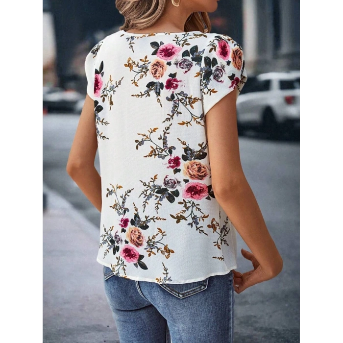Kadın Kısa Kollu Bisiklet Yaka çiçek Baskılı Süprem Bluz