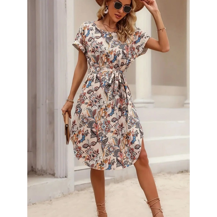 Kadın Kısa Kollu Bisiklet Yaka çiçek Desenli Kuşaklı Süprem Midi Elbise