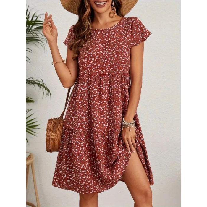 Kadın Kısa Kollu Bisiklet Yaka çiçek Desenli Süprem Elbise