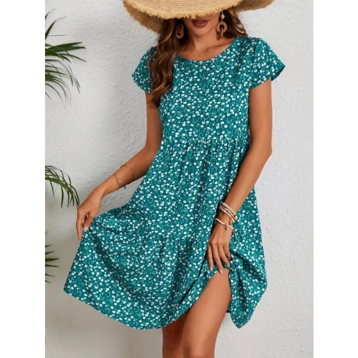 Kadın Kısa Kollu Bisiklet Yaka çiçek Desenli Süprem Elbise