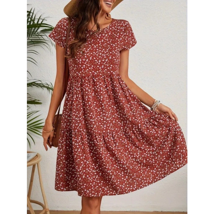 Kadın Kısa Kollu Bisiklet Yaka çiçek Desenli Süprem Elbise