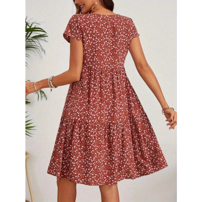 Kadın Kısa Kollu Bisiklet Yaka çiçek Desenli Süprem Elbise