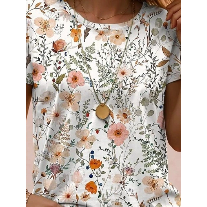 Kadın Kısa Kollu Bisiklet Yaka çiçek Desenli Viskon Bluz