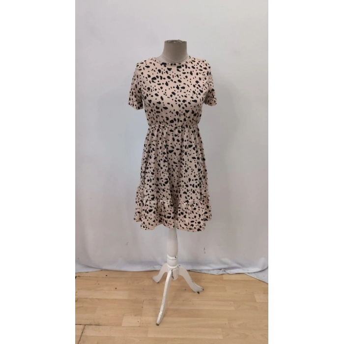 Kadın Kısa Kollu Bisiklet Yaka Desenli Süprem Elbise