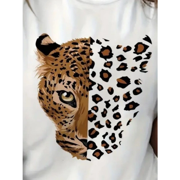 Kadın Kısa Kollu Bisiklet Yaka Desenli Viskon Bluz