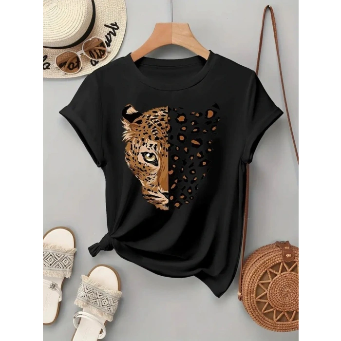 Kadın Kısa Kollu Bisiklet Yaka Desenli Viskon Bluz