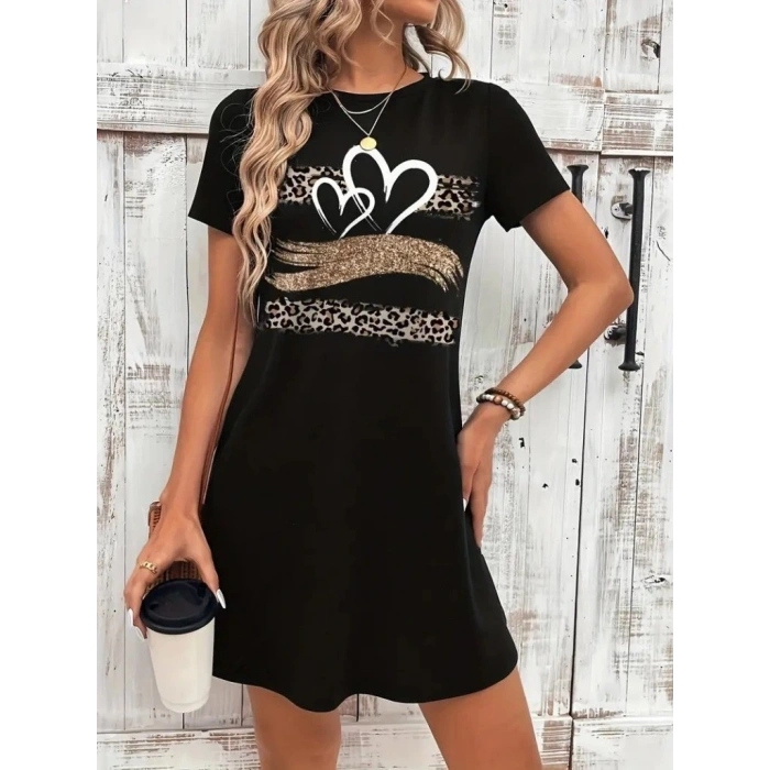 Kadın Kısa Kollu Bisiklet Yaka Desenli Viskon Elbise