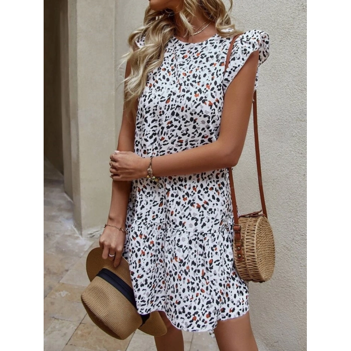 Kadın Kısa Kollu Bisiklet Yaka Etek Ucu Volanlı Kısa Dokuma Elbise