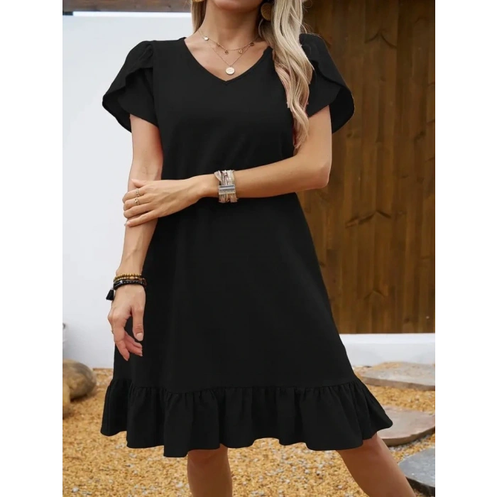 Kadın Kısa Kollu Bisiklet Yaka Fırfırlı Aerobin Elbise