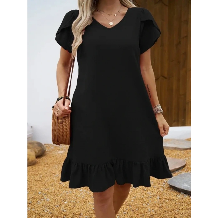 Kadın Kısa Kollu Bisiklet Yaka Fırfırlı Aerobin Elbise