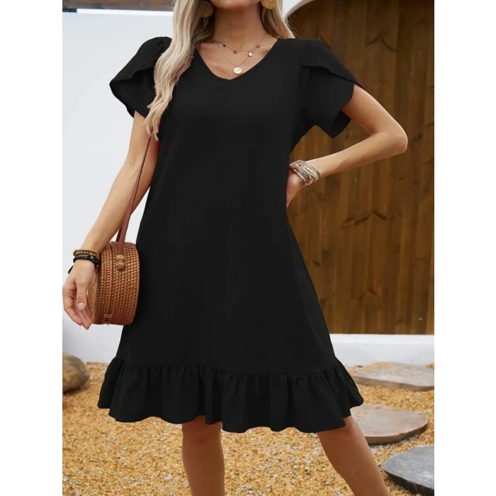 Kadın Kısa Kollu Bisiklet Yaka Fırfırlı Aerobin Elbise