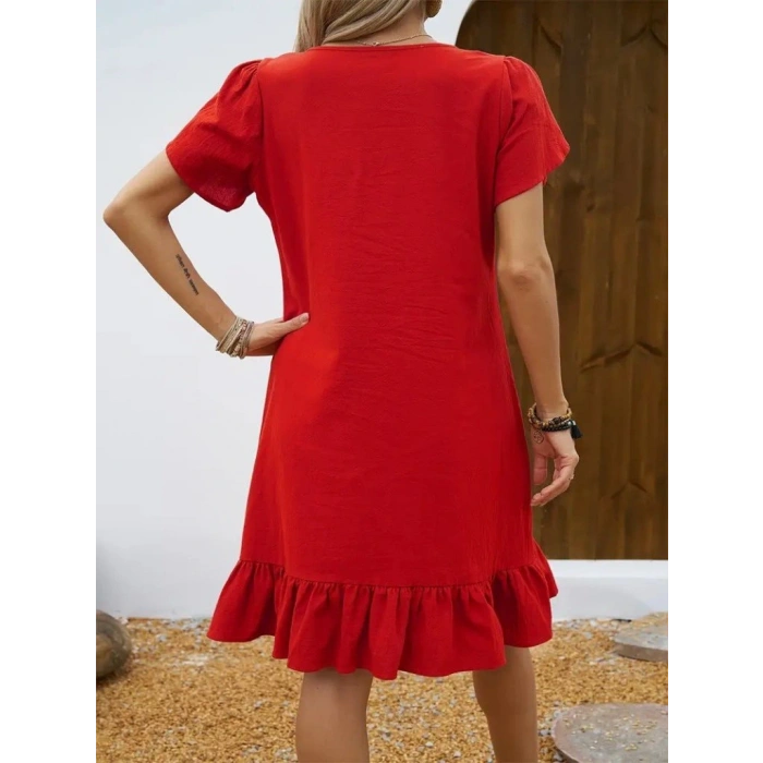 Kadın Kısa Kollu Bisiklet Yaka Fırfırlı Aerobin Elbise