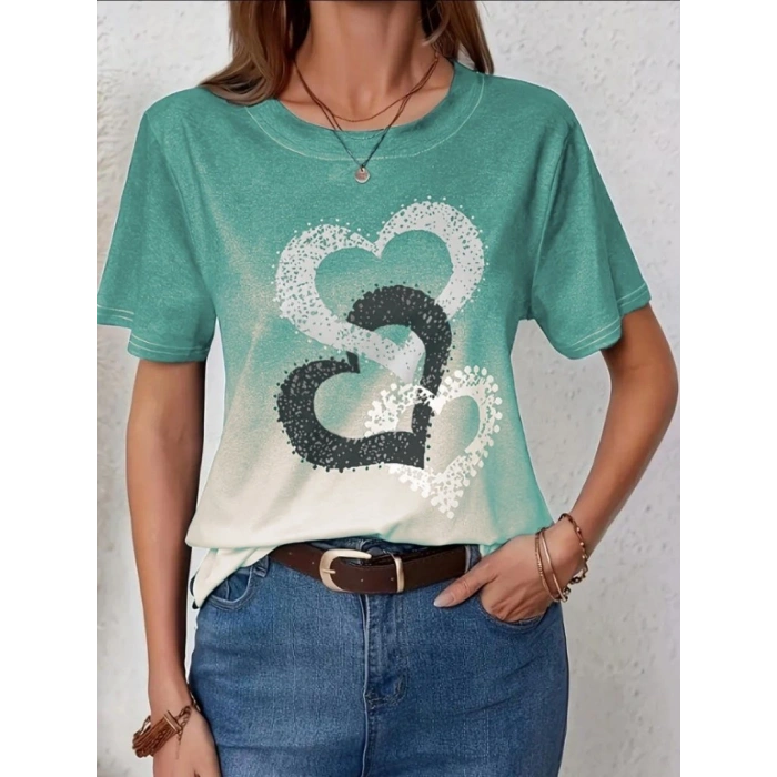 Kadın Kısa Kollu Bisiklet Yaka Kalp Baskılı Süprem Bluz