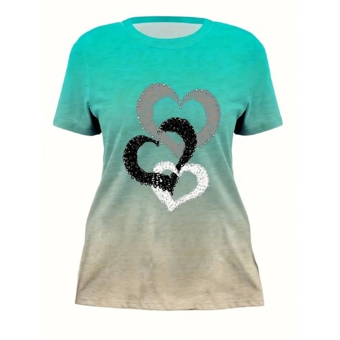 Kadın Kısa Kollu Bisiklet Yaka Kalp Baskılı Süprem Bluz