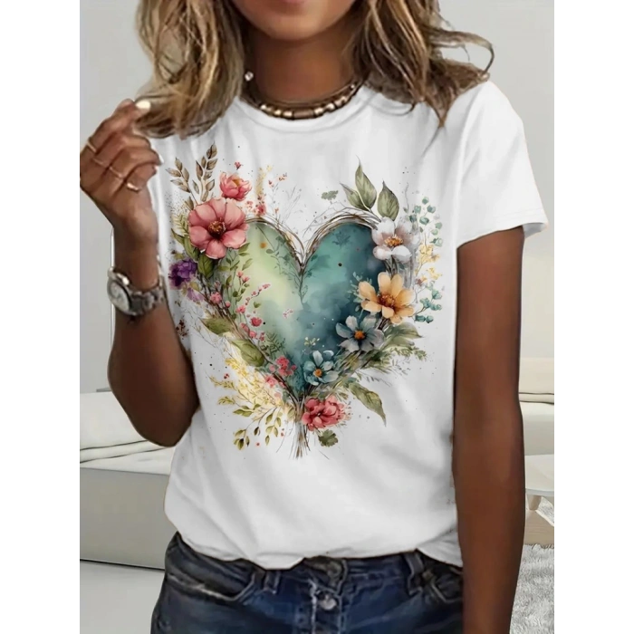 Kadın Kısa Kollu Bisiklet Yaka Kalp Desenli Süprem Bluz