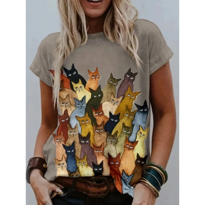 Kadın Kısa Kollu Bisiklet Yaka Kedi Desenli Süprem Bluz