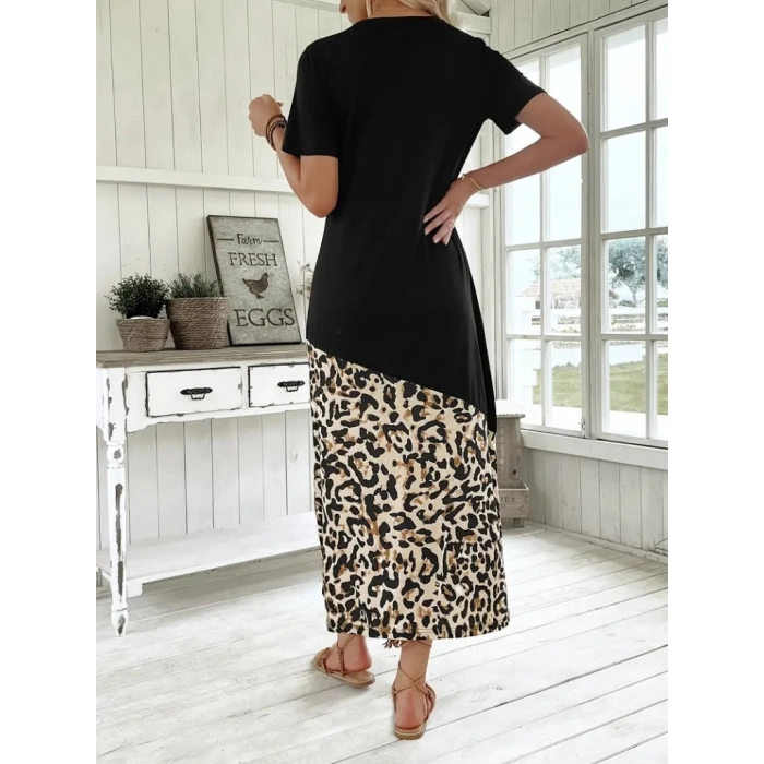 Kadın Kısa Kollu Bisiklet Yaka Leopar Detaylı Midi üst Viskon Alt Süprem Elbise