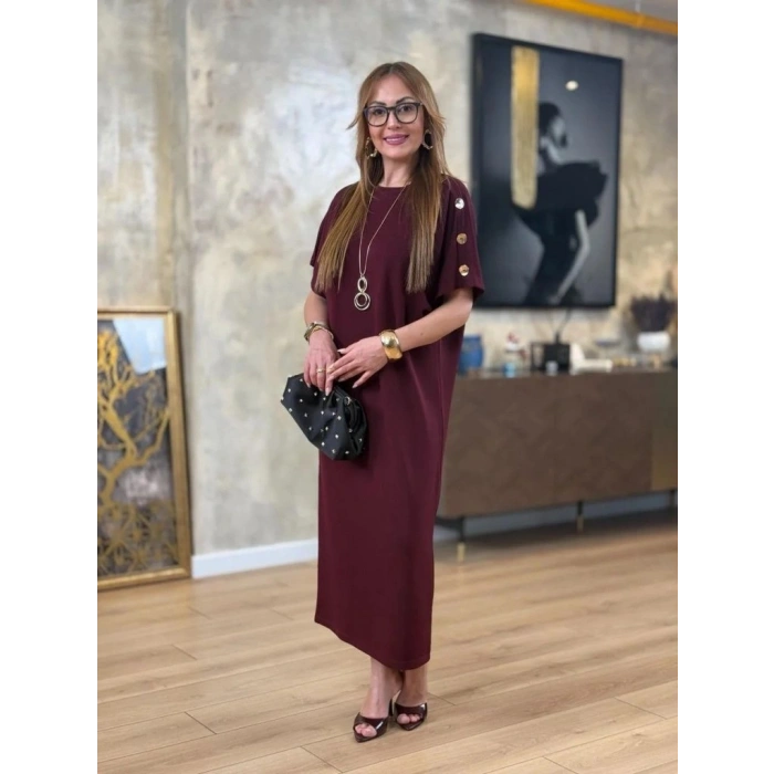 Kadın Kısa Kollu Bisiklet Yaka Omuzdan Düğmeli Uzun Viskon Iki Iplik Elbise