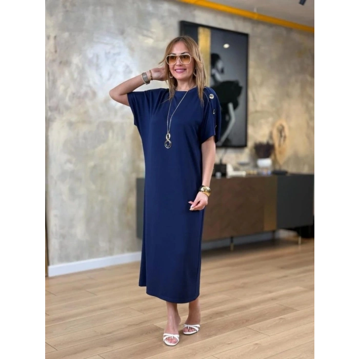 Kadın Kısa Kollu Bisiklet Yaka Omuzdan Düğmeli Uzun Viskon Iki Iplik Elbise