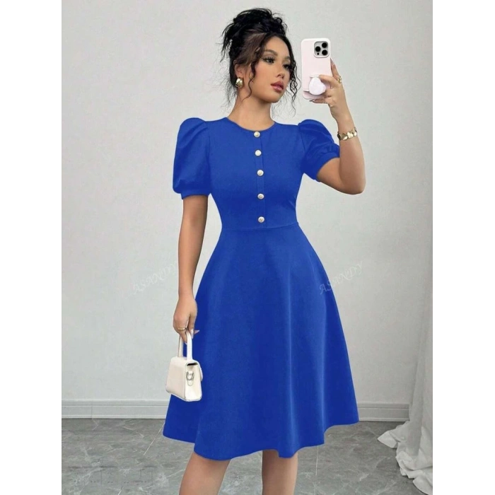 Kadın Kısa Kollu Bisiklet Yaka önden Düğmeli Ithal Krep Elbise